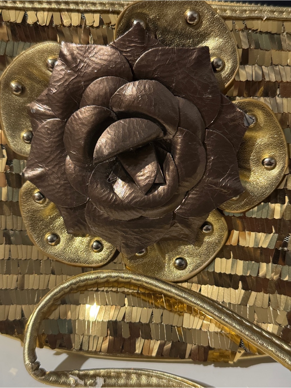 Sharif Gold Sequined Crossbody with Bronze Floral Accent gold clutch Y2K club - Picture 10 of 12